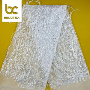 Tessuto in <span class=keywords><strong>Tulle</strong></span> ricamato con perline in pizzo 3D <span class=keywords><strong>bianco</strong></span> con piume per abiti da sposa e Couture - Product Image 6