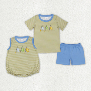 ชุดเสื้อผ้าเด็กผู้ชายลายทางปักลายตกปลาสำหรับพี่น้องช่วงฤดูร้อน - Product Image 1