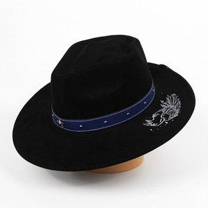 Topi Koboi Suede Bertepi Lebar Bordir 3D Motif Gagak Topi Fedora Barat Dengan Tali Pengikat Dapat Disesuaikan Topi Vintage Untuk Perjalanan Luar Ruangan dan Peternakan - Product Image 2