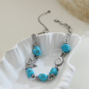 Collar de Cuentas de Turquesa Agrietada <span class=keywords><strong>Irregular</strong></span> Estilo Bohemio Vintage con Estrella de Mar y Concha, Joyería Impermeable de Acero Inoxidable para Vacaciones <span class=keywords><strong>en</strong></span> el Océano - Product Image 4