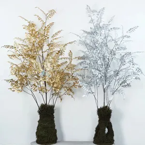 Gold and Silver Color Artificial Fern Tree plant with pot Plastic Decorative Indoor Artificial Plants