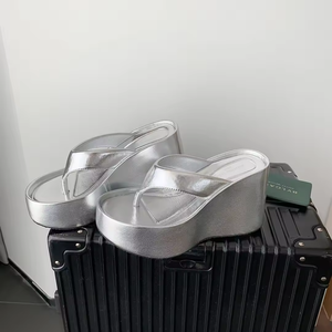 Chaussons élégants pour femmes avec semelle épaisse argentée, tendance, chaussures à talon compensé pour femmes, chaussures décontractées pour l'extérieur - Product Image 1