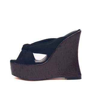 Women Wooden Prints Pumps High Wedge <b>Heels</b> Suede Sandals Dress Bow-knotted Thick <b>Platform</b> on Mules Peep Toe Shoes - Product Image 4