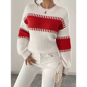 Pull rayé à épaules tombantes à manches longues blanc abricot pour femmes - Product Image 4