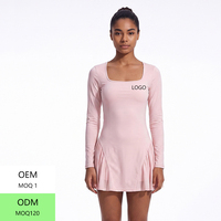Robe décontractée d'extérieur pour femme avec logo personnalisé, couleur unie, col carré, manches longues, empiècements en maille respirante, séchage rapide, jupe de tennis