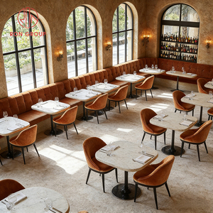 Restaurante de Lujo Retro de Estilo Toscana Francesa del Sur, Mesa de Mármol Natural y Sillas de Terciopelo Naranja con Asientos Tipo Cabina para Cafetería - Product Image 6