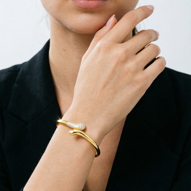 Sculptural Geometric Bypass Bangle with Pave Zircon Zinc Alloy 18K Gold Plated Open Cuff Bracelet for Women's Trendy Jewelry