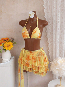Viviblook Z403ST04 Conjunto de bikini de tres piezas para mujer, nuevo, con estampado floral, sexy, informal, con cordones, falda tipo tanga, traje de baño para vacaciones. - Product Image 4