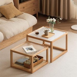 Mesa de centro cuadrada moderna de roble para sala de estar, mesa nido, mesa auxiliar de madera original, mesa de centro de ratán - Product Image 1