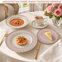 Service de table de luxe 20 pièces en porcelaine fine, décor floral bleu sarcelle et rose, bord doré à la main, assiettes, tasses et soucoupes, idéal pour cadeau