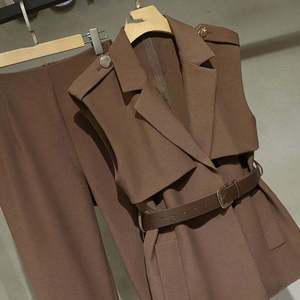 Women’s Elegant Lapel Collar Sleeveless Top with High Waist Straight Leg <b>Pants</b> Set - Product Image 4