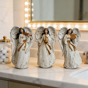 Set di 3 Statue di Angeli Musicali in Resina da 25 cm, <span class=keywords><strong>Angelo</strong></span> Bianco e Oro con Violino, Tromba e Arpa, Elegante Decorazione Natalizia per la Casa - Product Image 2