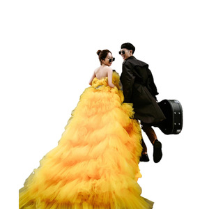 Yellow Strapless Tulle Ball Gown Wedding Dress Natural Waistline Candy Color <b>Mesh</b> Fabric Outdoor Photography Outfit - Product Image 3