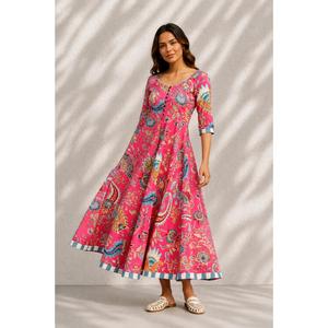 Women Fit Flare Pink Floral Printed Cotton Maxi <b>Dress</b> | Floral Printed Summer <b>Dress</b> with <b>Pockets</b> | Casual Resort Wear <b>Dress</b> - Product Image 1
