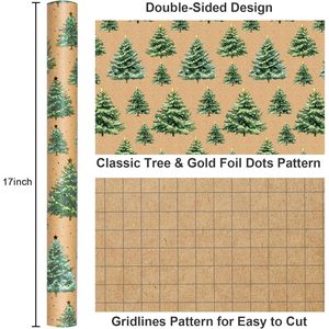 Kraft Christmas <b>Wrapping</b> <b>Paper</b> Green Gold Tree Star Design 17 Inch X 33 Feet Roll Gift Craft Eco Friendly - Product Image 3