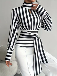 Tendenza Moda Autunnale: <span class=keywords><strong>Camicia</strong></span> da Donna a Righe Contrastanti con Colletto a Sciarpa Retrò, Maniche Lunghe, Elegante - Product Image 3