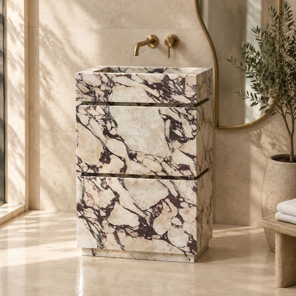 Rectangular Shower Basin Drawing Luxury Calacatta Viola Marble Freestanding Sink with Wood Cabinet ...