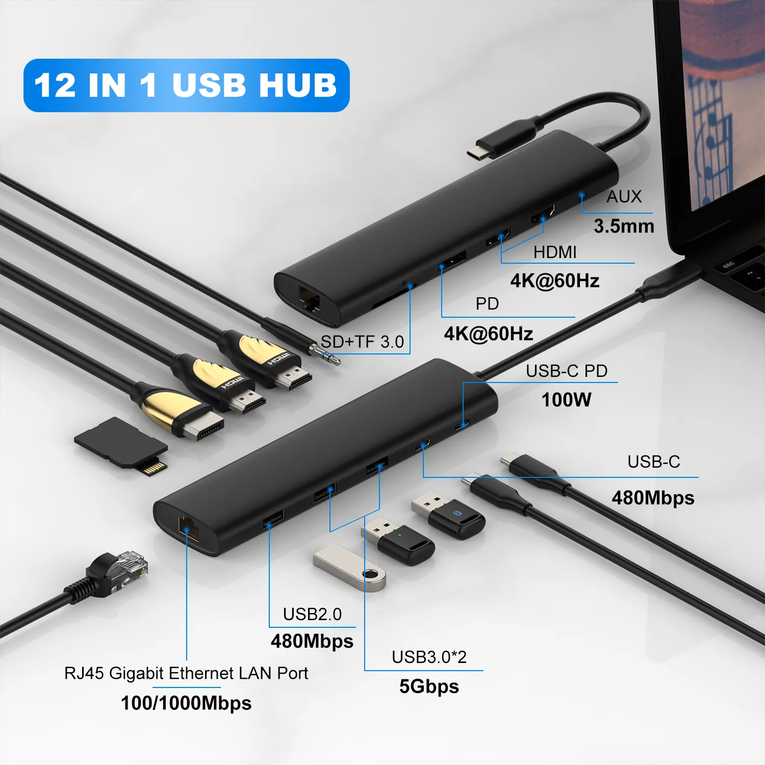 12 in 1 Type C แท่นต่อกับพอร์ต USB Type C, แท่นต่อกับ100W PD อินพุต4K HD DP 4 USB-A อะแดปเตอร์ฮับอีเทอร์เน็ต USB-C