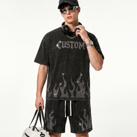 Ensemble deux pièces streetwear respirant personnalisé pour homme, grande taille, avec strass, survêtement d'été, t-shirt et short vintage délavé surdimensionné