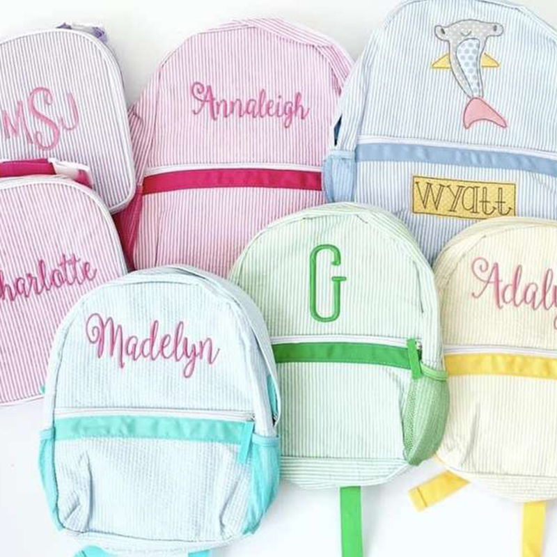 Mochila personalizada para niños y niñas, bolso escolar con monograma, Seersucker