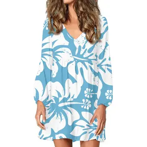 baby blue hibiscus flowers pattern sexy v neck mini dress long sleeve soft cozy polynesian hawaii women dress for holiday