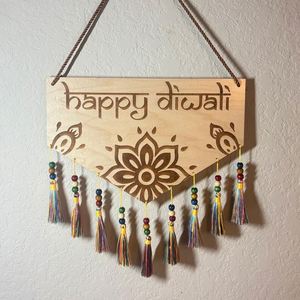 Décoration murale indienne pour la maison, panneau suspendu en bois découpé au laser, Joyeux Diwali - Product Image 3