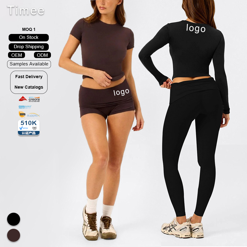 Yoga Wear Round-neck Sports Long-sleeved Top High-waisted Pleated Sports and Fitness T-shirt Yoga Set