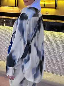 Abaya Kaftan de Dubaï en gros, Abaya modeste turque, robe musulmane pour femmes, kimono, tie-dye, imprimé aquarelle, ensemble d'Abaya en mousseline - Product Image 3