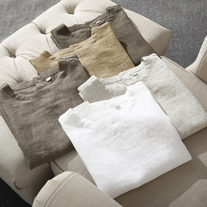 Vêtements de nuit pour femmes japonaises non imprimés pyjamas de couleur unie chemisier à manches courtes pyjama en <span class=keywords><strong>lin</strong></span> haut femmes T-shirt - Product Image 2