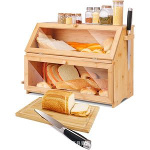 Boîte à pain en bois et bambou avec porte-couteaux pour comptoir de cuisine, organiseur de pain et d'aliments - Product Image 2