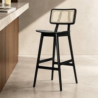 Tabourets de bar modernes en bois massif, style mi-siècle, vintage, avec assise en rotin tressé, repose-pieds, sans accoudoirs, dossier haut, non pivotants, pour cuisine