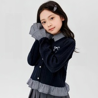 030 Cárdigan de Punto Trenzado Ecológico para Niñas, 330GSM, con Bordado de Lazo, Manga Larga, Ropa de Punto para Otoño e Invierno