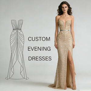 <span class=keywords><strong>Robe</strong></span> de soirée sirène en tulle à paillettes beige or, sans bretelles, décolleté plongeant, fente haute, vente en gros d'usine pour bal de promo - Product Image 1