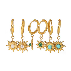 Boucles d'oreilles créoles Sunburst en acier inoxydable plaqué or 18 carats avec pierres naturelles serties clos pour femme, usage quotidien - Product Image 5