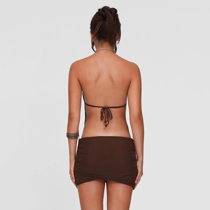 Vestido Mini Halter Marrón Metálico con Anillos y Espalda Descubierta para Mujer, Sexy, Fruncido, Ajustado, para Fiesta Nocturna, Moda Verano 2026 - Product Image 2