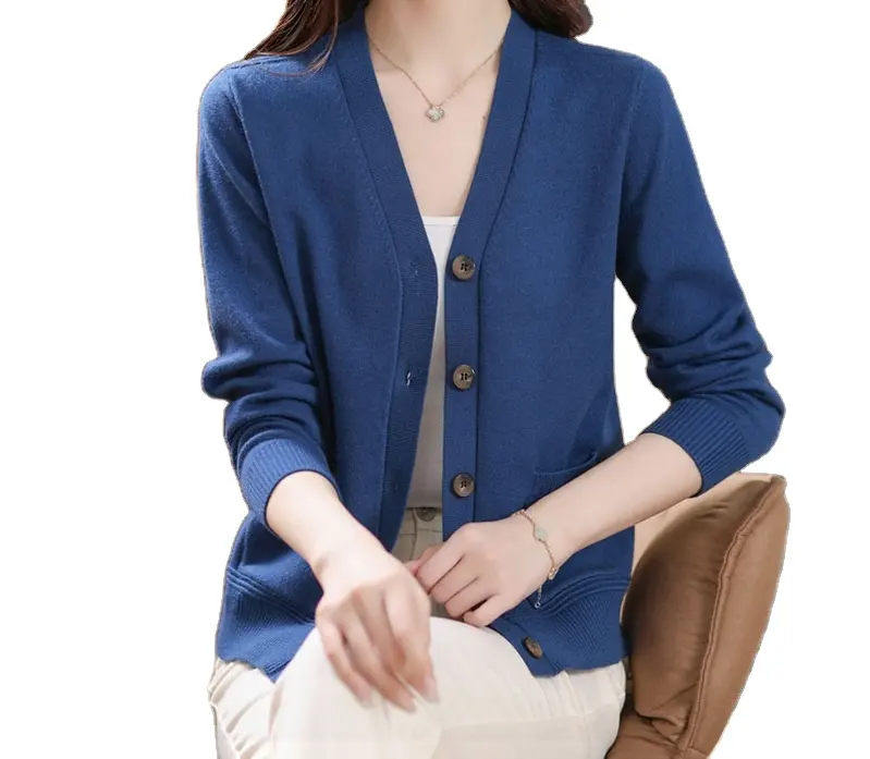 Manufacturer OEM Custom 100% Pure Cotton Cardigan Womens Button-down Middle Age Loose Sweater Coat Cardigan