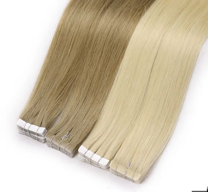 Venta al por mayor de alta calidad natural Remy doble dibujado crudo sin procesar cinta de pelo humano ruso extensión del pelo