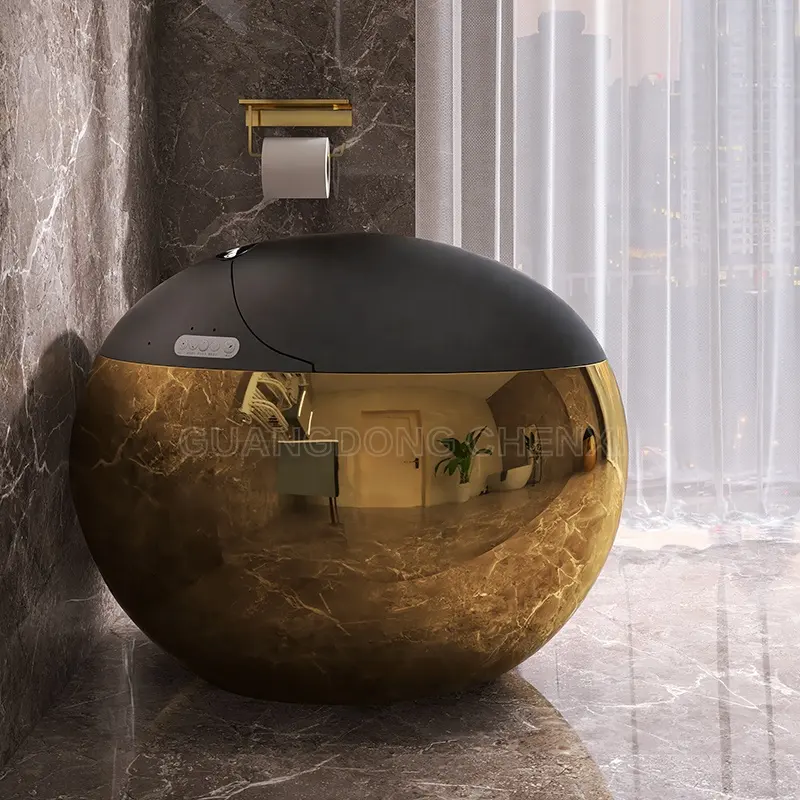2024 thiết kế mới hình tròn hình cầu nhà vệ sinh điện tích hợp màu đen và vàng trứng hình nhà vệ sinh thông minh