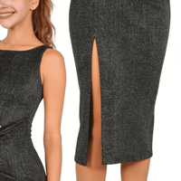 Vennystyle Meilleures ventes Robe de danse Tango gris pailleté sans manches avec découpes, détail torsadé, fente haute, en Spandex extensible pour femmes adultes