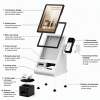 Kiosco de autoservicio para hoteles con dispensador de tarjetas de habitación, lector de códigos de barras y lector de pasaportes, con SDK para pagos en escritorio.