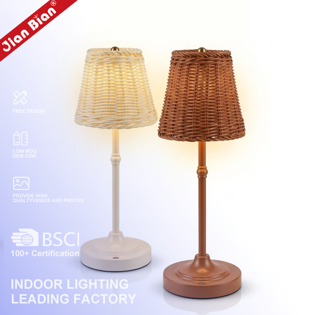 Dimmable Rechargeable Vintage Rattan Lampshade LED Cordless Tall Table Lamp for Hotel Bar Bedroom Outdoor Decor Light