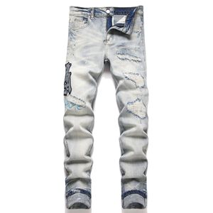 厂家批发定制品牌标志高品质Amiriy撕裂蓝星补丁修身紧身牛仔裤男士时尚 - Product Image 1