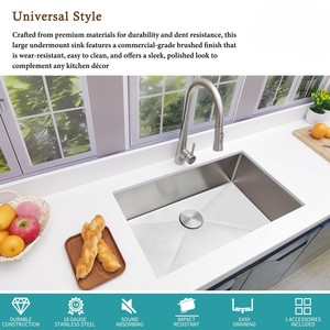 อ่างล้างจานเดี่ยวสแตนเลสสตีลขนาด 18 เกจ ยี่ห้อ Delironexu ผลิตด้วยมือ ผิวนาโน พร้อมก๊อกน้ำ แบบติดตั้งเหนือเคาน์เตอร์ ดีไซน์ทันสมัย - Product Image 2