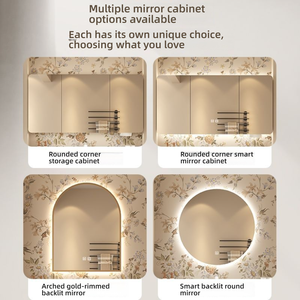 Meuble-lavabo mural élégant crème avec <span class=keywords><strong>miroir</strong></span> arrondi, vasque en céramique profonde et rangement - Product Image 4
