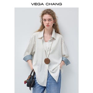 VEGA CHANG Camicia Primaverile da Donna a Righe Verticali con Spalle Scivolate, <span class=keywords><strong>Blusa</strong></span> Casual Classica Bicolore - Product Image 2