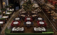 Conception graphique d'intérieur de bar-restaurant de luxe, comptoir central moderne, mobilier élégant, ensemble table et chaises pour restaurant