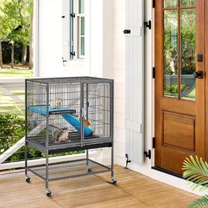 Cage à roulettes en métal pour rats/furets/chinchillas adultes, cage pour petits animaux avec rampe et plateforme amovibles, noire - Product Image 5