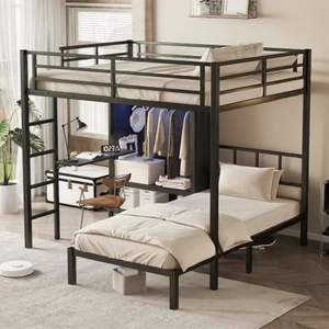 Lits superposés en métal pleine grandeur XL pour adolescents et adultes, lits superposés en forme de L noirs pour petites chambres - Product Image 1