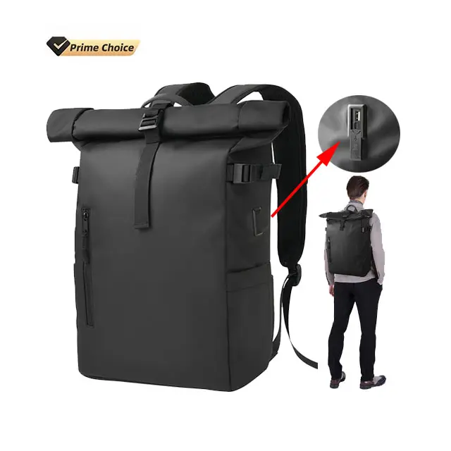 Venta al por mayor 1 Uds mochilas negras de nylon para portátiles con logotipo personalizado roll Top mochila rodante bolsa de ordenador minimalista mochila de alta calidad