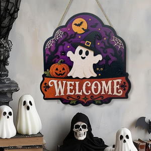 Meilleure Vente Décoration de Porte d'Accueil en Bois pour Halloween : Fantôme avec Chapeau de <span class=keywords><strong>Sorcière</strong></span>, Citrouille et Chat Noir – Panneau Suspendu pour la Maison - Product Image 6